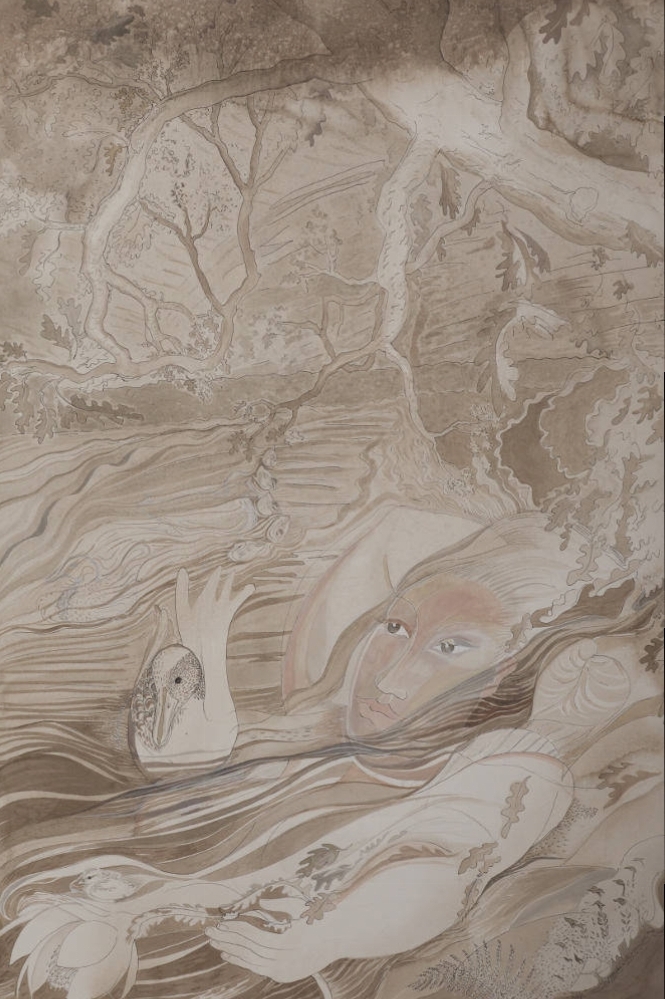 'Woman with Mallard & Oak Trees' 2014 Sepia Ink 78cm x 127cm