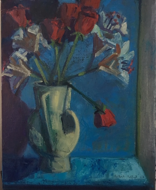 'Roses and Lilies in Jug', oil on canvas, 41cm x 51cm, £3000