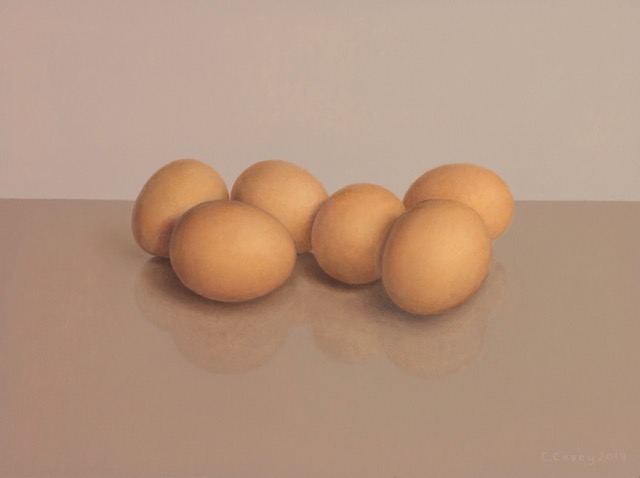 'Six Eggs' 2019, oil on board, 23cm x 30cm, 2019,