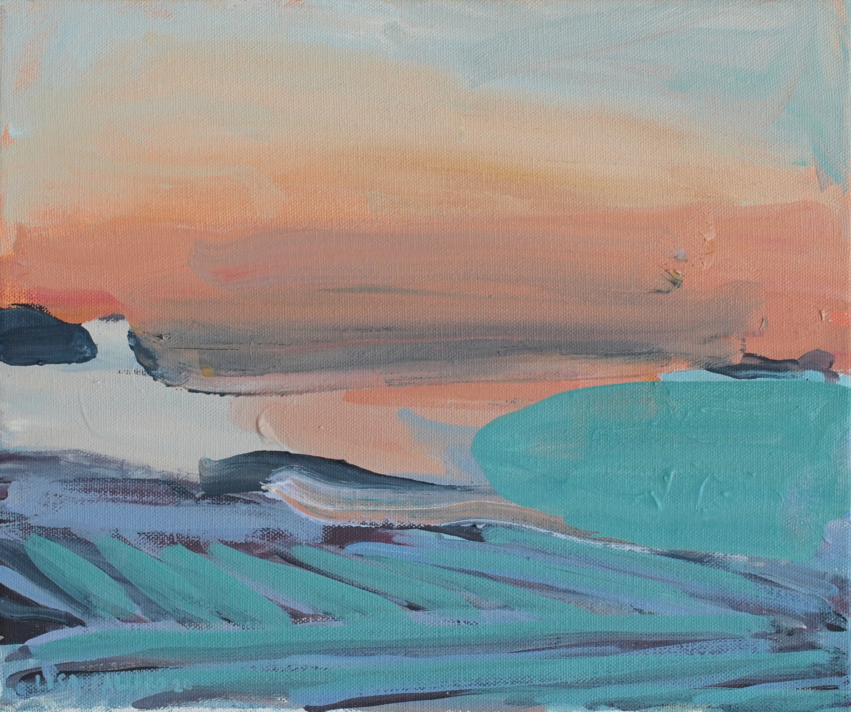 'Fields in Sunset', oil and spray paint on canvas, 25cm x 30cm, £670