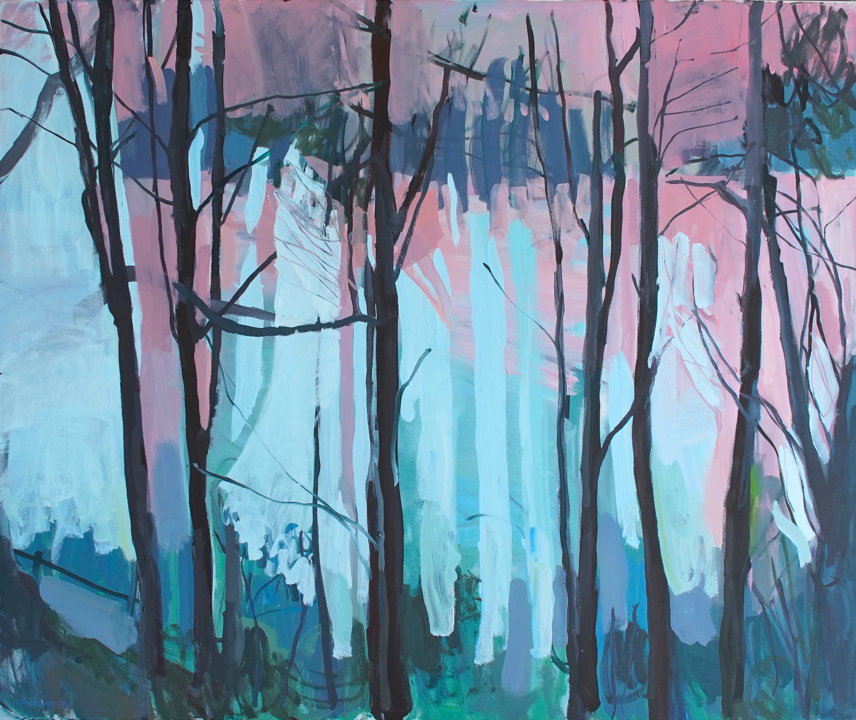'Pink Sea and Murlough Trees', oil and spray paint on canvas, 99cm x 119cm, £2900