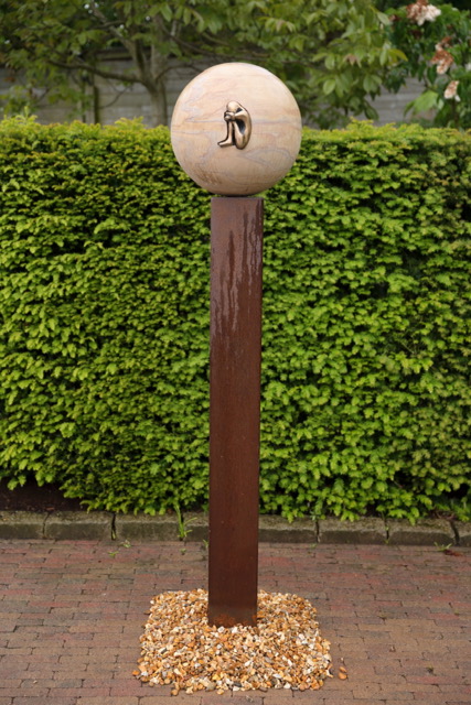 'Fossil I', 195cm (H) - base plate 50cm x 50cm, Unique, Corten steel, Indian sand stone and stainless steel