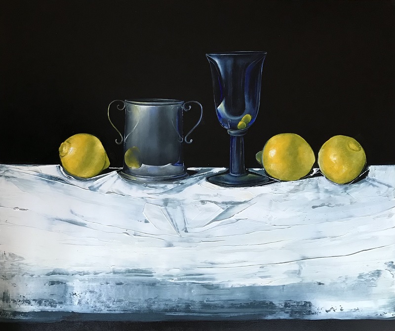 'Blue Glass with Lemons and Silver Jug', oil on canvas, 51cm x 64cm, £625