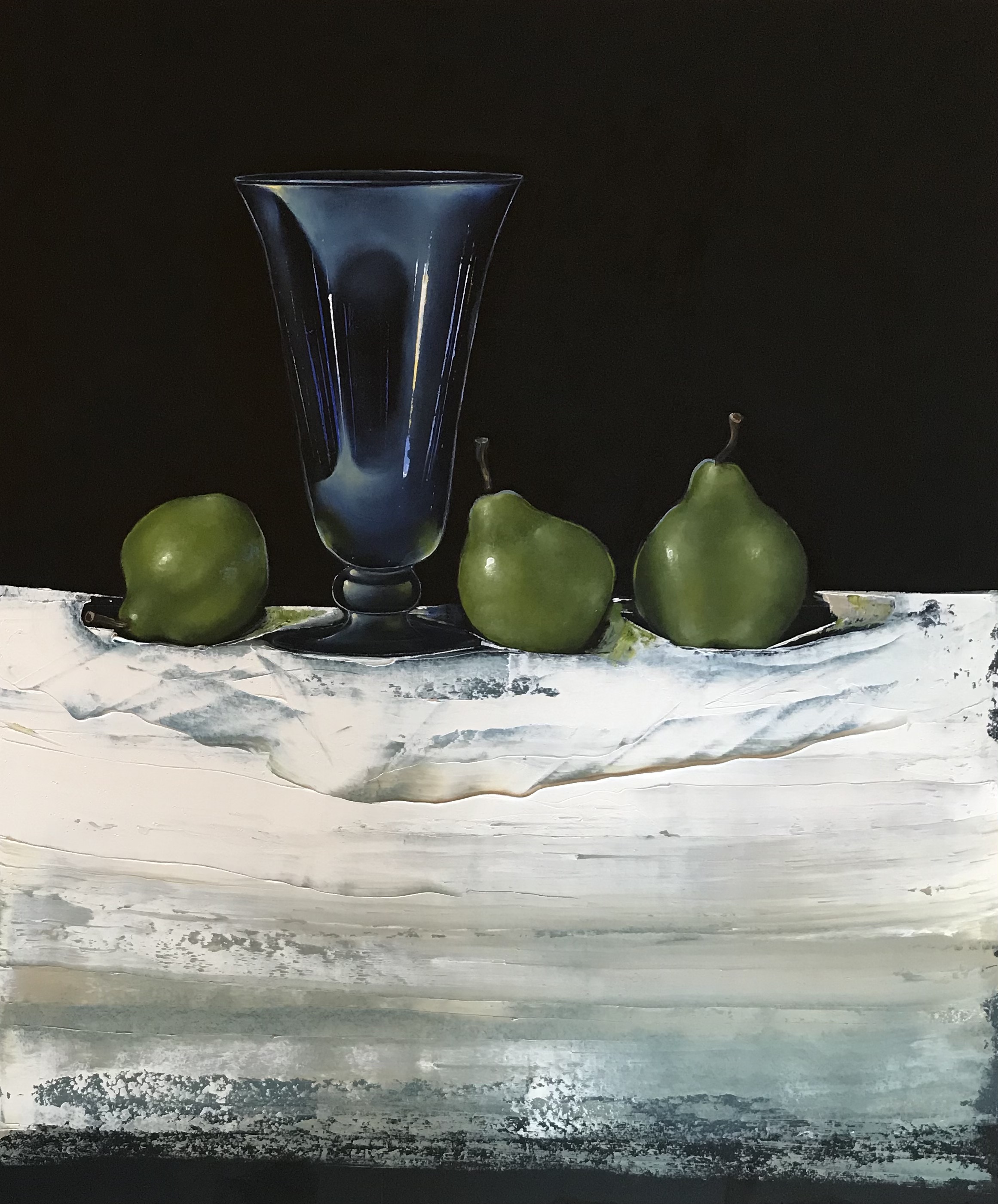 'Blue Glass Vase with Pears', oil on canvas 51cm x 61cm, £625