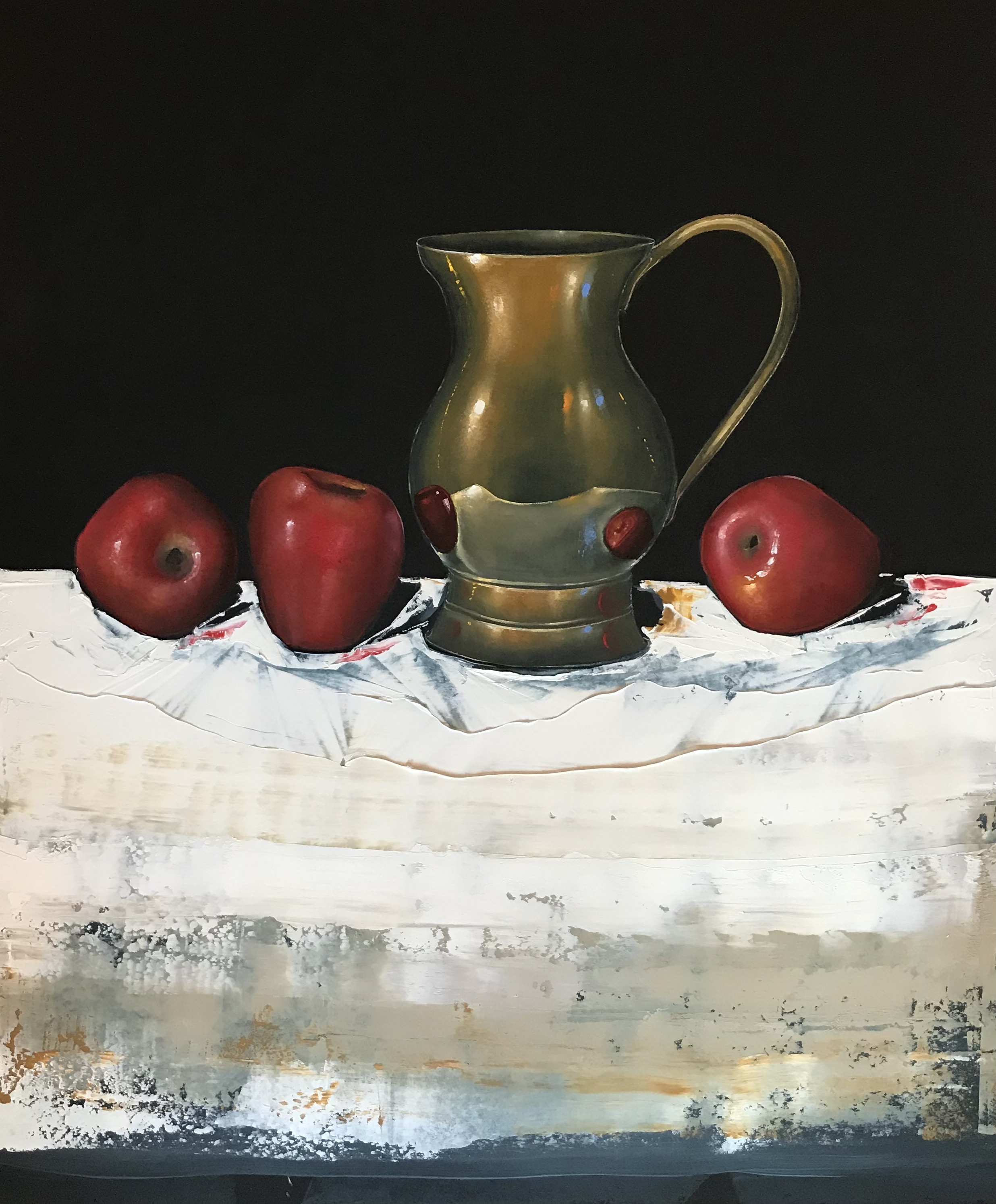 'Brass Jug and Red Apples', oil on canvas, 51cm x 61cm, £625