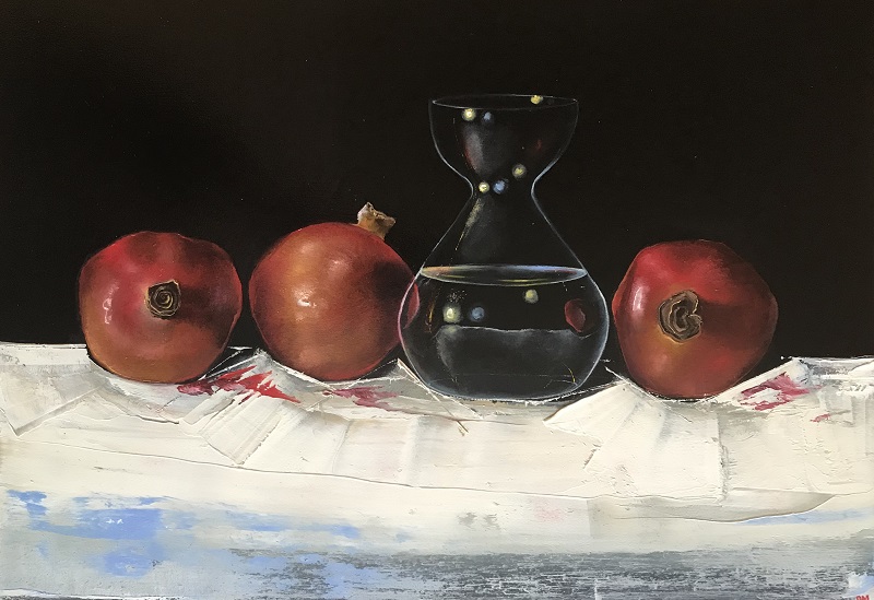 'Pomegranates and Water Vase', oil on canvas, 30cm x 41cm, £425